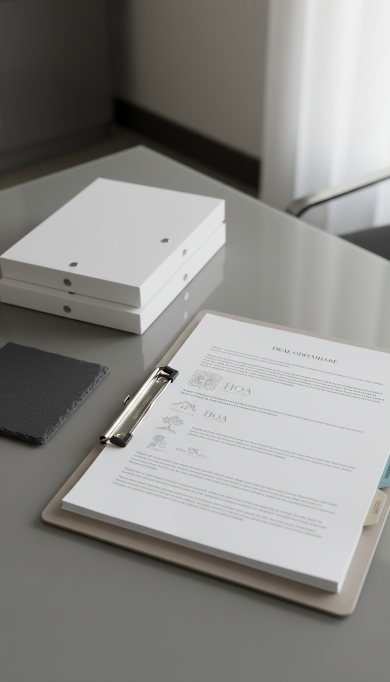A close-up of a sleek, neutral-toned clipboard with a thick stack of real estate disclosure documents featuring legible watermarks, elegant HOAs' logos, and organized color-coded tabs. The clipboard rests on a matte-finish glass table beside a smooth slate coaster and a tidy stack of minimalist white folders. Subtle diffused light from a nearby window casts gentle shadows, highlighting the textures of paper and metal. The image is shot from a slightly elevated angle with sharp focus on the documents and soft blur on the background, exuding clarity, attention to detail, and a structured, professional mood.