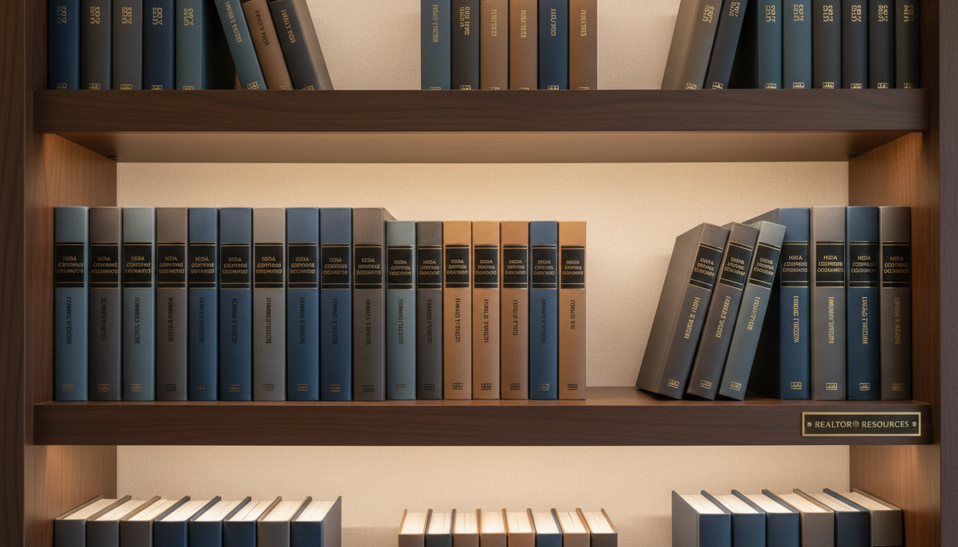 An organized shelf display featuring professionally bound HOA rulebooks and reserve study binders in rich gray, slate, and taupe colors, each labeled with gold foil text. The shelf itself is made from dark walnut wood with a matte finish, set against a textured, muted off-white wall. Soft ambient lighting spills from an unseen up-light, creating soft shadows and a subtle glow along the spine of each binder. The perspective is straight-on at eye level with sharp focus to display the titles clearly, creating a mood of order, expertise, and confidence perfect for a HOA-savvy REALTOR® context.